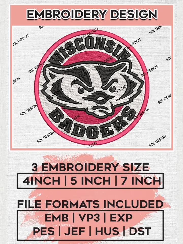 NCAA Wisconsin Badgers Team Round Logo Embroidery Design Files, NCAA Wisconsin Badgers Machine Embroidery, NCAA Teams, 3 sizes, NCAA Machine embroidery designs, Digital Download