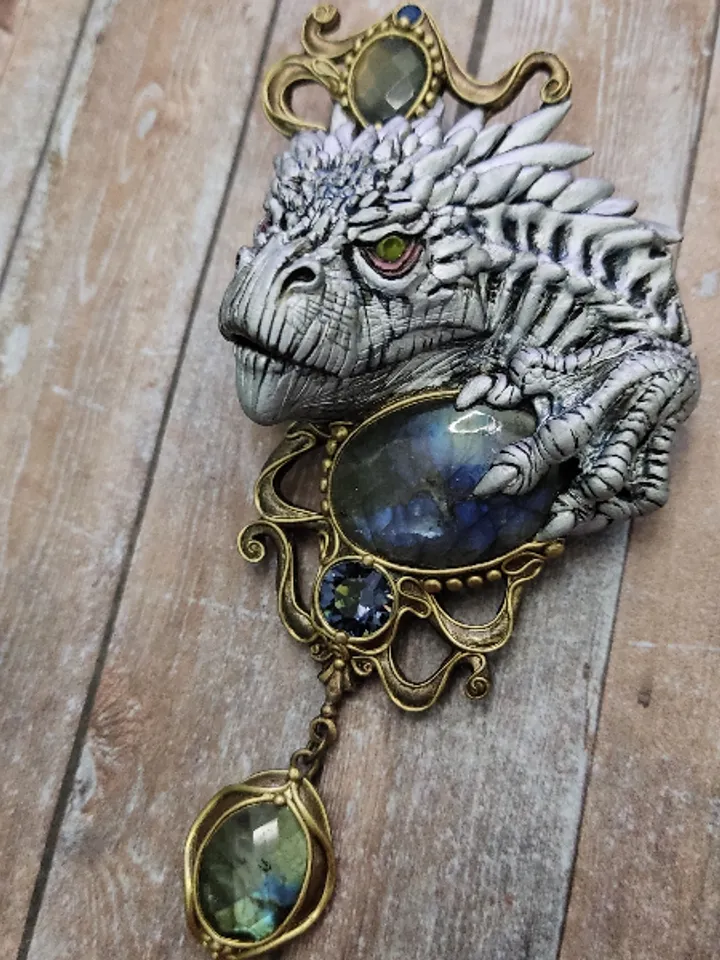 Brooch White Dragon, Dragon, Brooch with stones, unique brooch