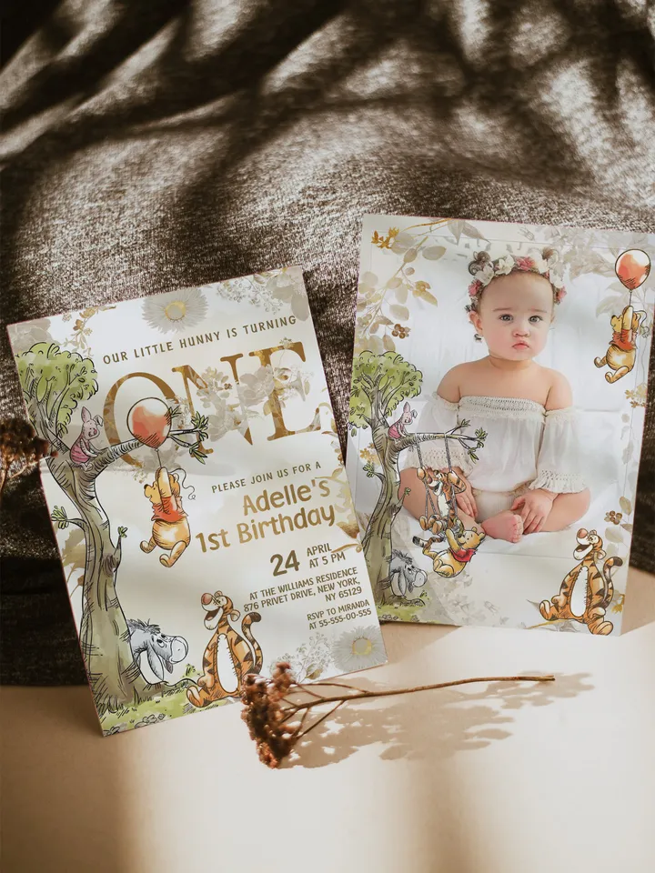 Winnie the Pooh Inspired First Birthday; Classic Winnie Pooh Invitations; Neutral Winnie Pooh Turning One; Winnie Pooh Birthday Party poom88