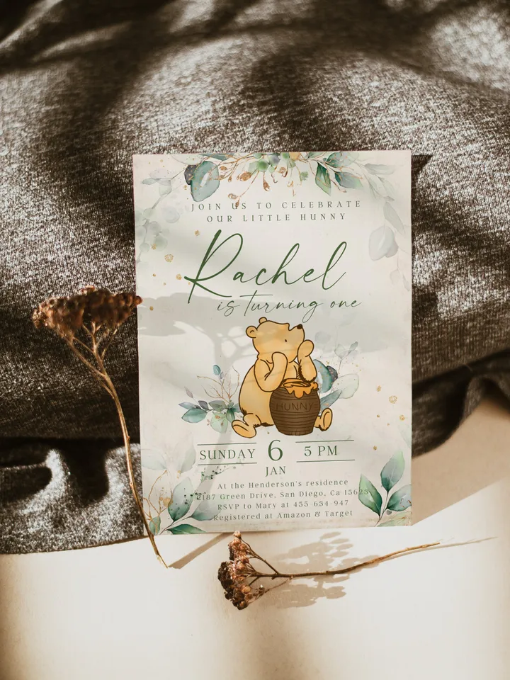 Classic Winnie Pooh Baby Birthday Digital Invite; Wizard  Baby Birthday Evite; Greenery Baby Birthday; Honey Bear Evite; Winnie Invitation