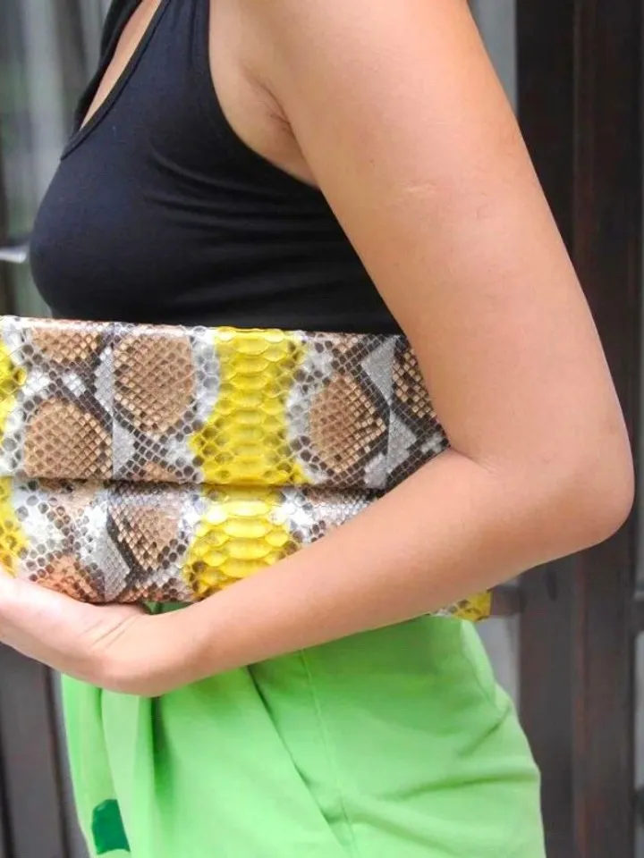 Genuine python skin yellow and brown handmade clutch, classy elegant leather envelope bag, purse, flat snake leather clutch,small clutch