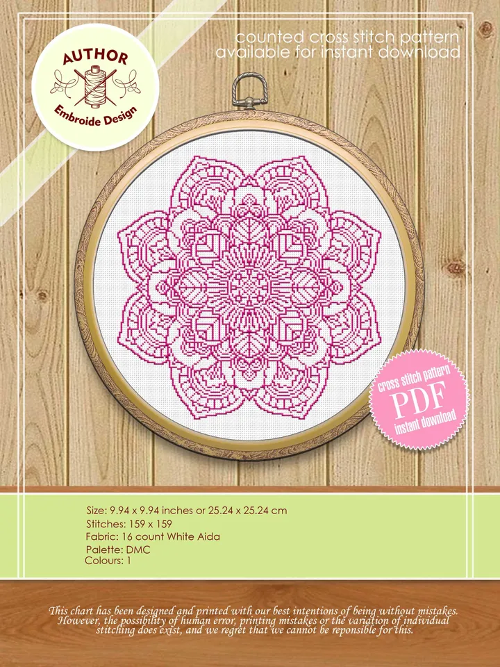 Flower mandala cross stitch pattern download PDF Easy floral ornament cross stitch chart, Mandala embroidery beginner, DIY Home decor #M12