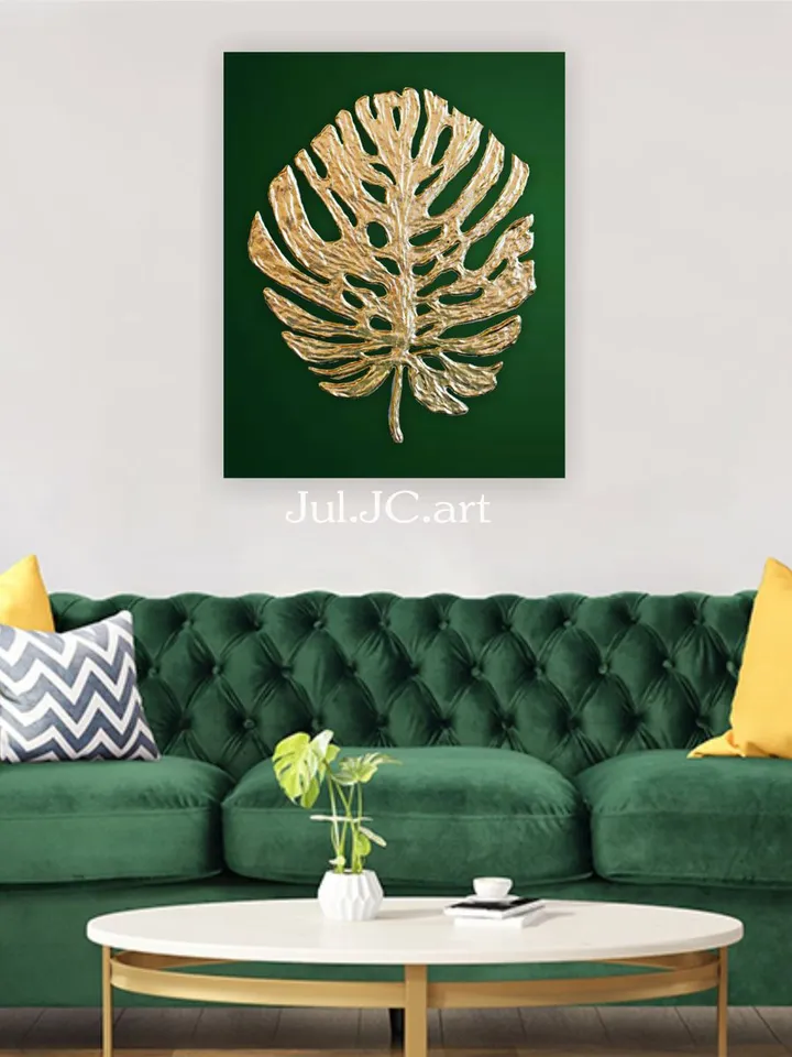 Gold Monstera Leaf Wall Art Green and Gold Abstract Painting Original artwork Modern wall decor