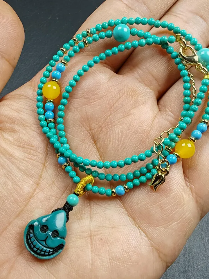 Authentic Turquoise Citipati Skull Protective Necklace,Gandhanra Tibetan Turquoise Amulet for Woman,23cm Length, Spiritual Gift