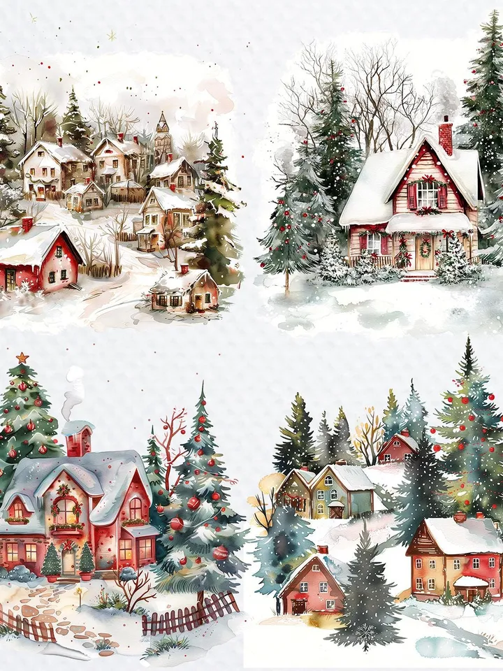 20 Christmas House PNG Bundle, Christmas Card Clip Art, Printable Watercolor Winter House clipart for sublimation, Paper craft, junk journal
