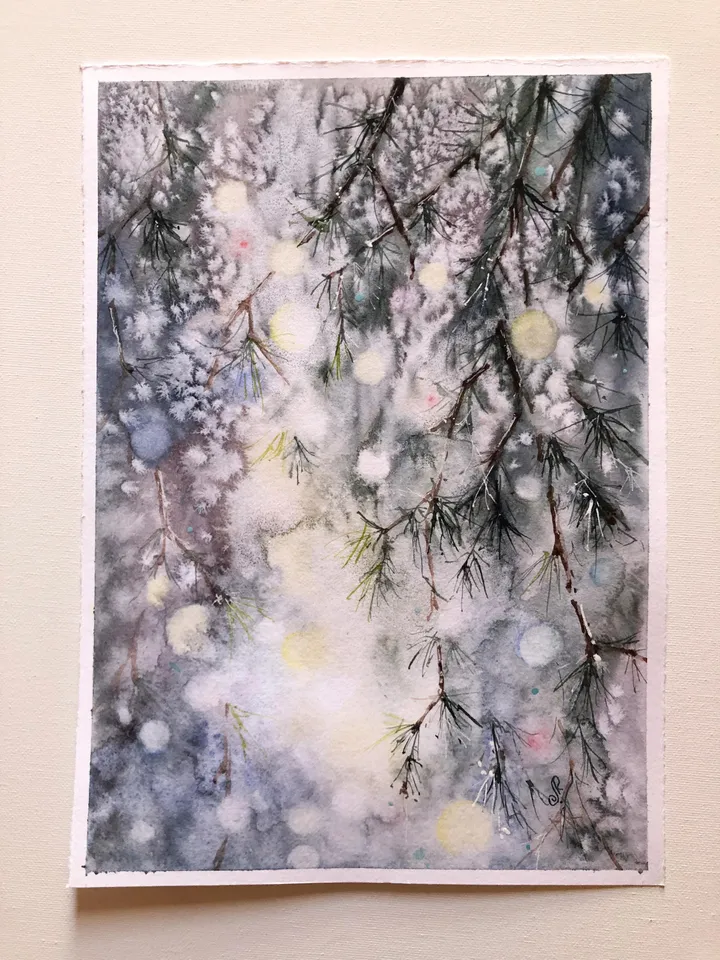 Forest Original Painting Trees Wall Art Winter Watercolor Painting