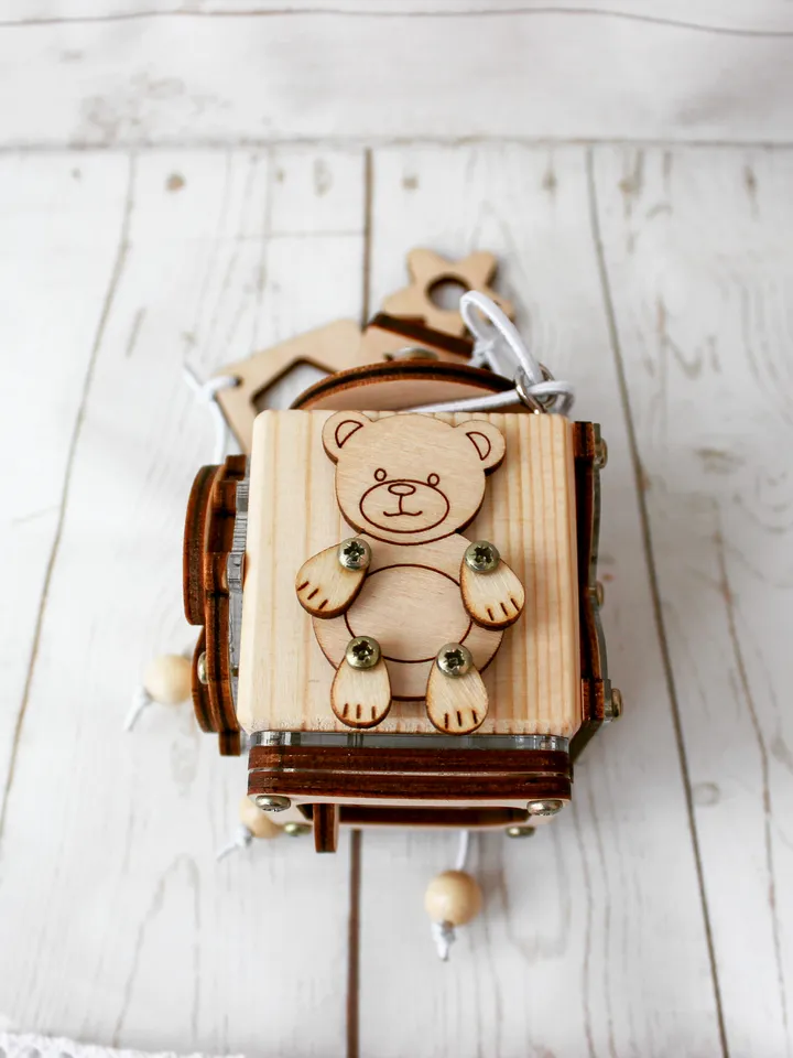 Busy cube mini - bear, wooden baby fidget toy, montessori toy for toddlers