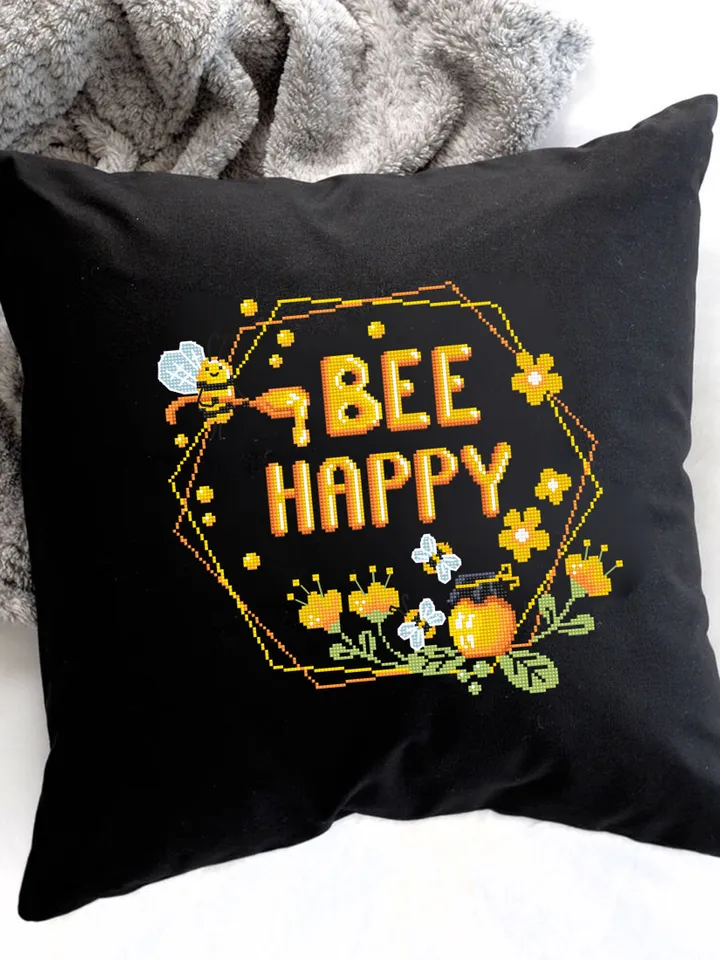 Honey bee cross stitch digital PDF pattern Bee Happy cross stitch Quote Floral wreath xstitch chart Easy begginers embroidery Bee decor #Q47