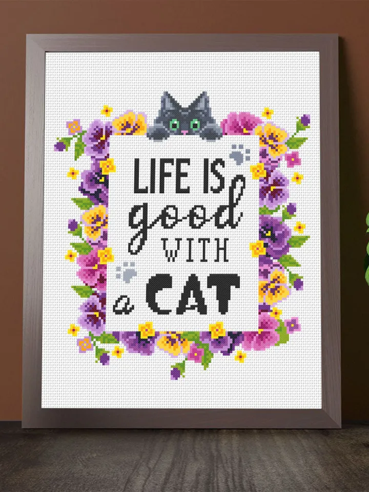 Flower cat cross stitch pattern PDF download Cat quotes cross stitch chart, Life Is Good With A Cat, Flower wreath pattern digital PDF #Q44