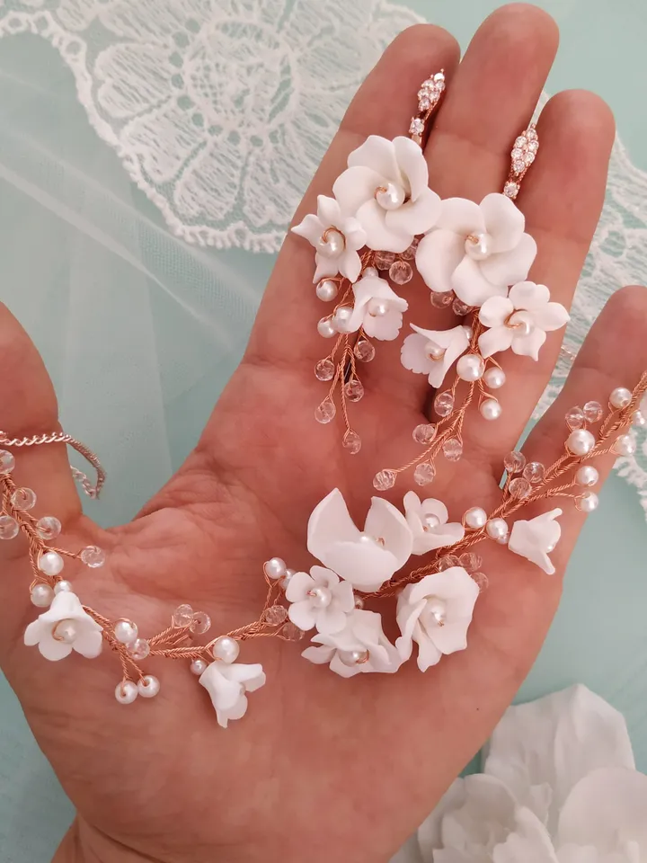 Rose Gold Boho Wedding Earrings, Boho Bridal Earrings, White Clay Flower Wedding Earrings, Floral Bridal Earrings, Long Teardrop Earrings,