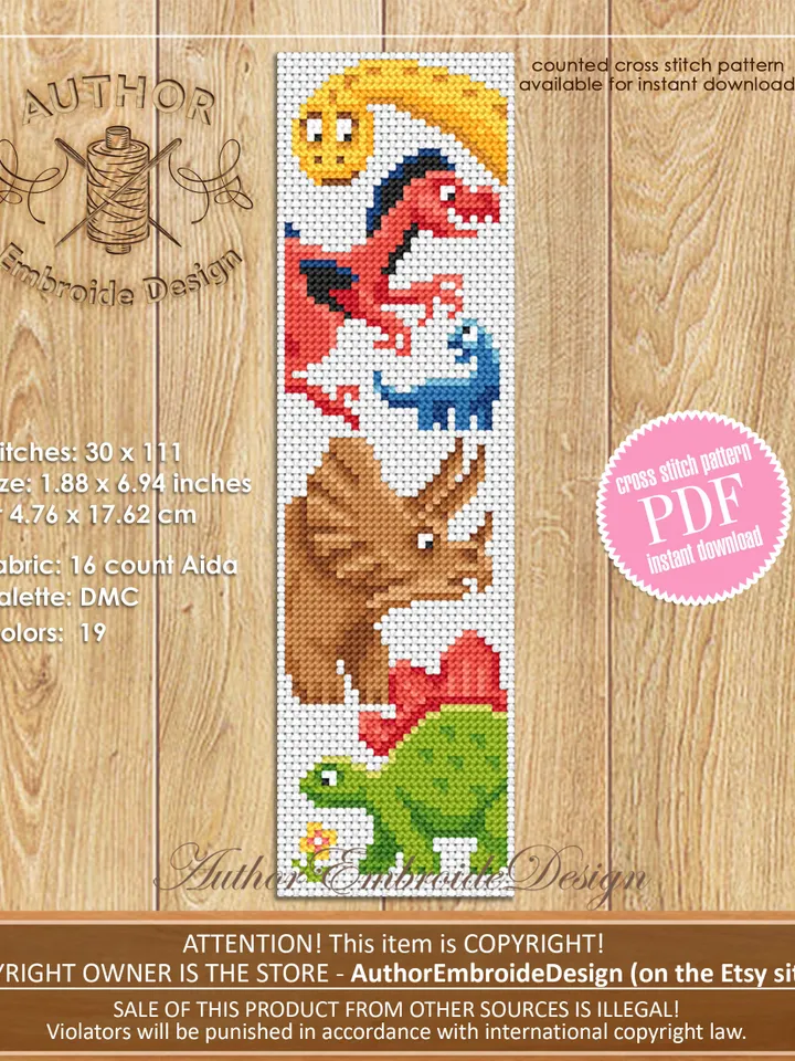 Dinosaur bookmark cross stitch pattern PDF download Baby dinosaur cross stitch chart, Bookmark pattern digital PDF, Dinosaur gifts #B278