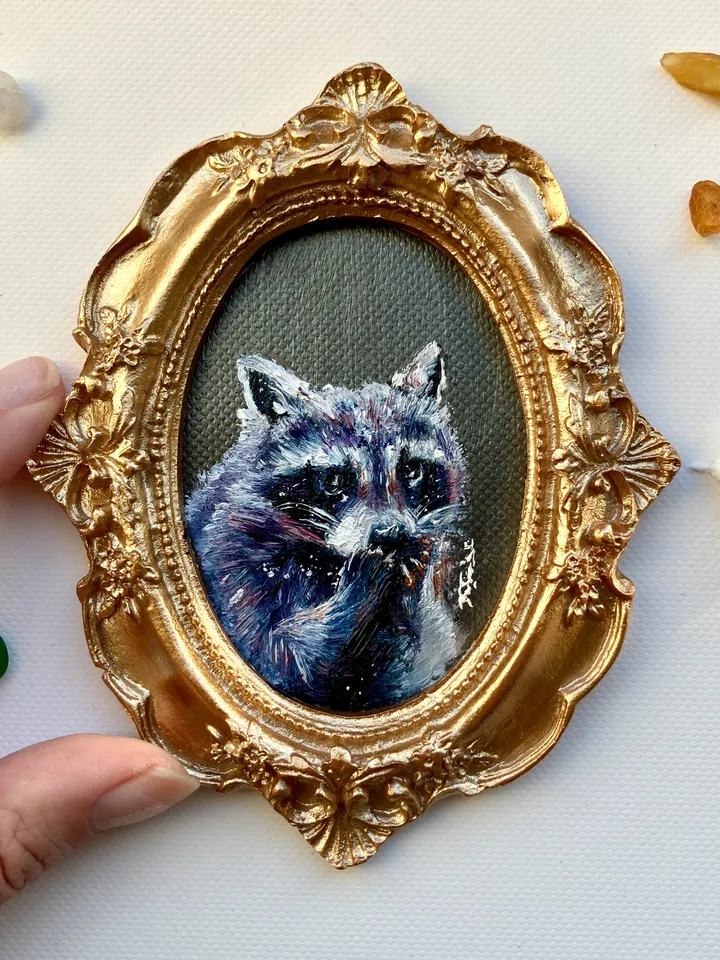 Raccoon Oil Painting Original In Vintage Style Frame Small Framed Animals Wildlife Art Oval Frame