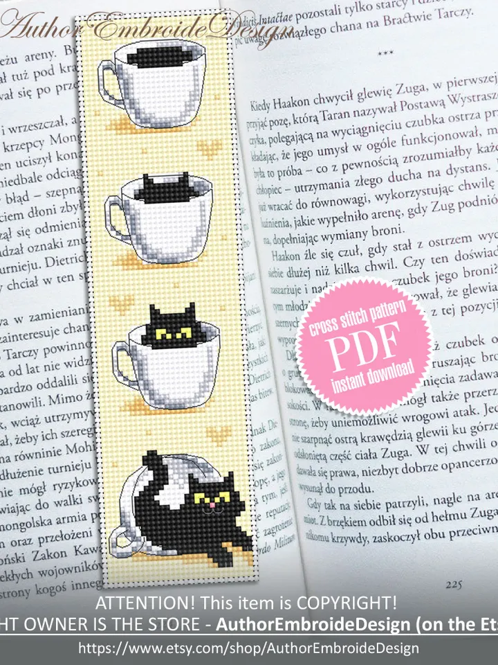 Cat bookmark cross stitch pattern download PDF Black cat cross stitch chart, Funny bookmark digital pattern PDF, Cat cup embroidery #B318