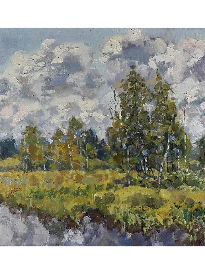 Autumn Painting Landscape Original Art Fall Nature Cloudy Day Birch Trees Canvas