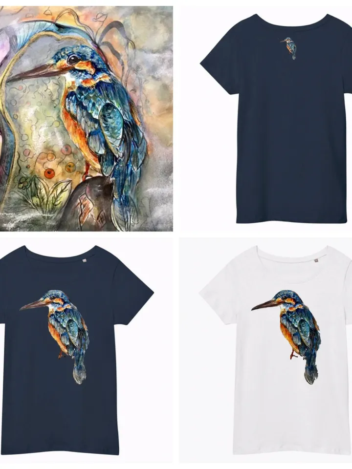 Kingfisher Women’s basic organic t-shirt made with my original watercolour painting,birds t shirts,unique handmade designer shirts for sale