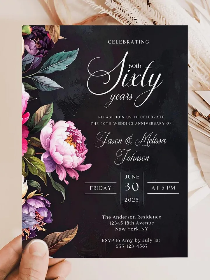 60th Anniversary Party Invitation, 50th, 40th, 30th, 20th, Moody Burgundy & Blush Peony Floral Canva Template 5x7 birthday evite