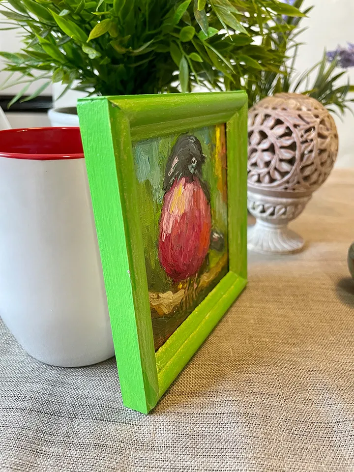 Pink robin painting, original bird oil painting, framed art