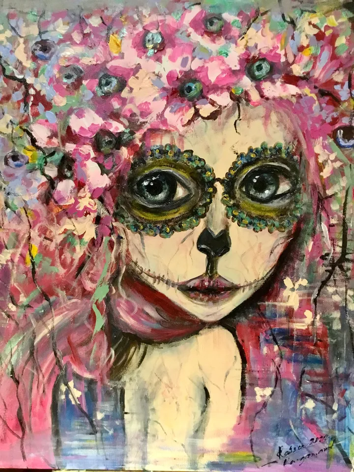 Santa muerte painting,original acrylic painting on stretched canvas,one of a kind,Halloween decoration,fantasy woman in flowers portrait.
