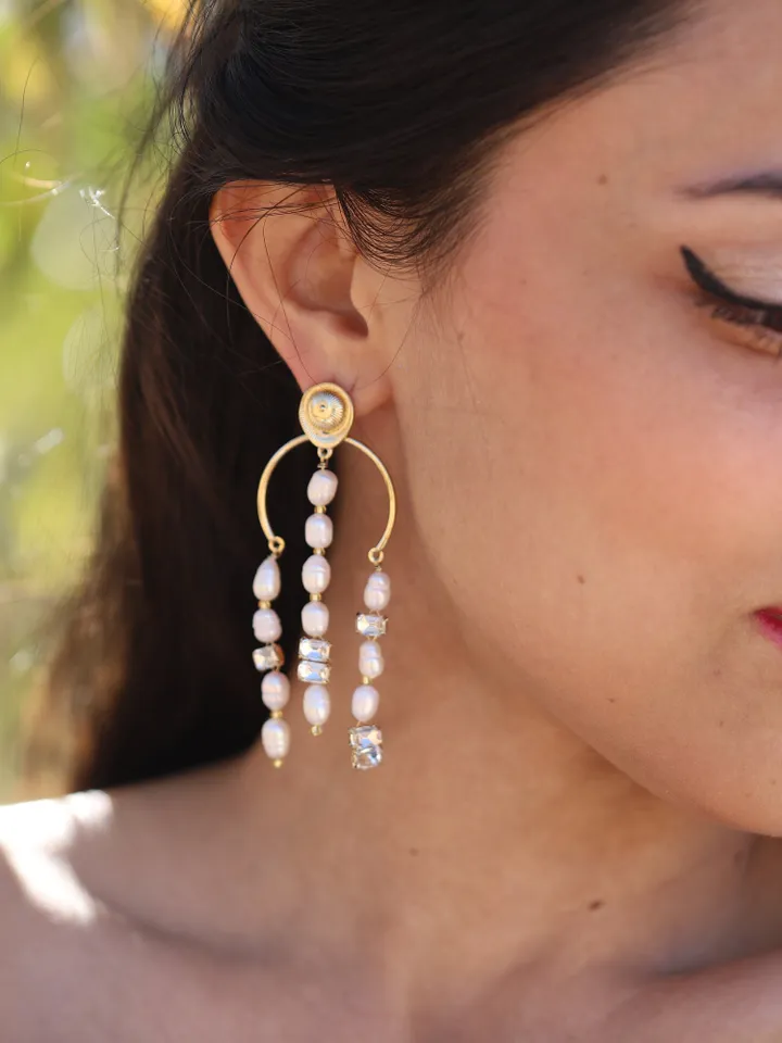 Art Deco Freshwater Pearl Wedding Earrings For Bride, Vintage Style Chandelier Statement Bridal Earrings, Boho Statement Wedding Jewelry