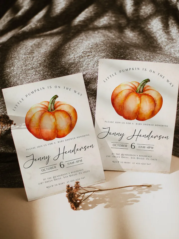 Little Pumpkin is on the way; Editable Autumn Pumpkin Baby Shower Invitation Template Canva; Fall 2022 Autumn Watercolor Pumpkin Invitation