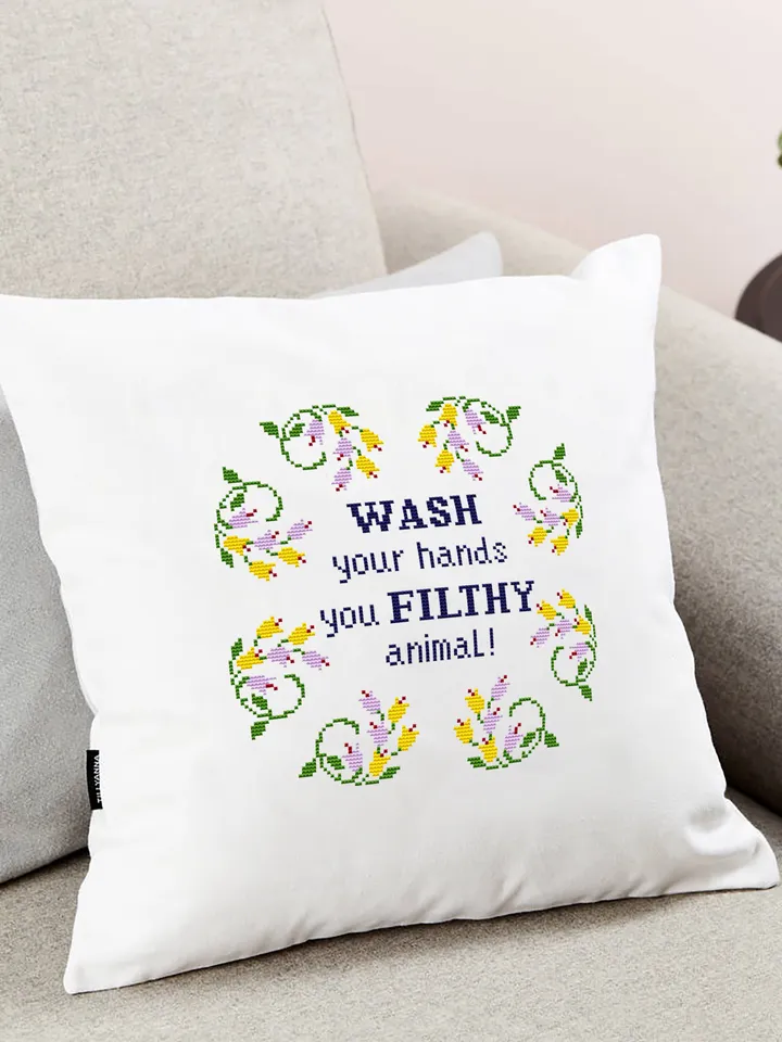 Snarky cross stitch pattern PDF download Wash your hands Funny cross stitch design Floral wreath xstitch chart Framed quote embroidery #Q27