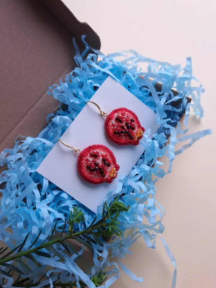 Pomegranate Earrings Handcrafted Jewelry Hand-Embroidered Unique Quirky Accessory Fruit Dangles Accessories Gift for Her
