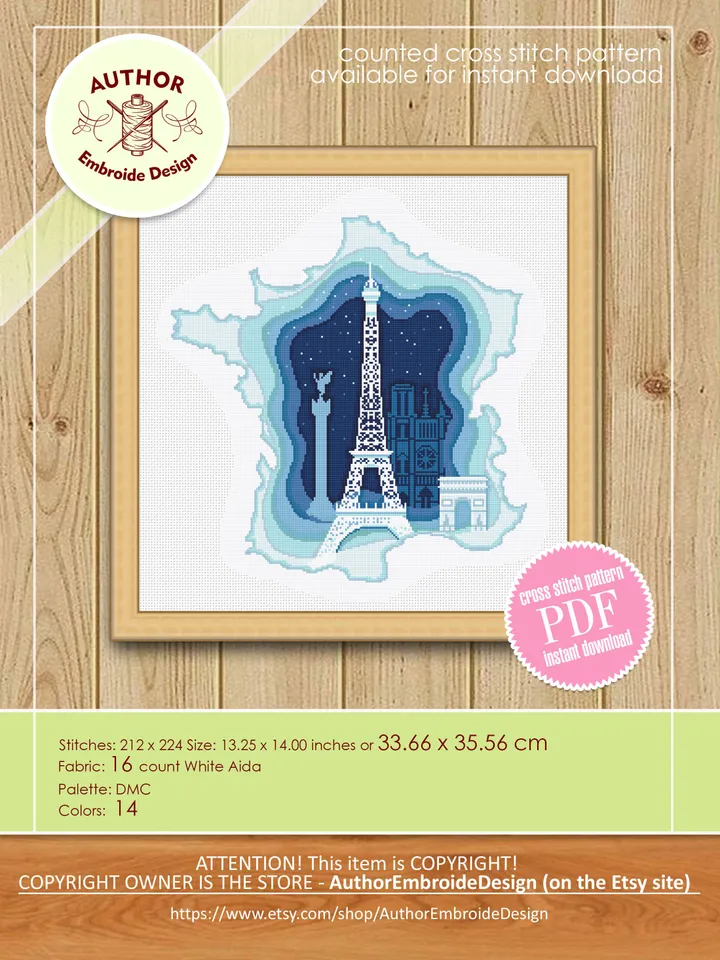 France map cross stitch pattern PDF download Eiffel Tower cross stitch chart, France pattern digital PDF, Paris decor #E15