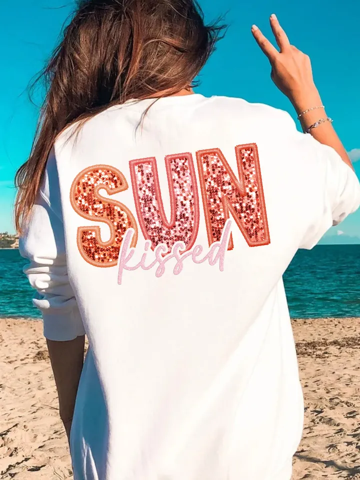 Sunkissed PNG Faux Sequins Embroidered Letters Springbreak Shirt Design Sunshine Shirt Design Here summer png, boho png,retro sublimation