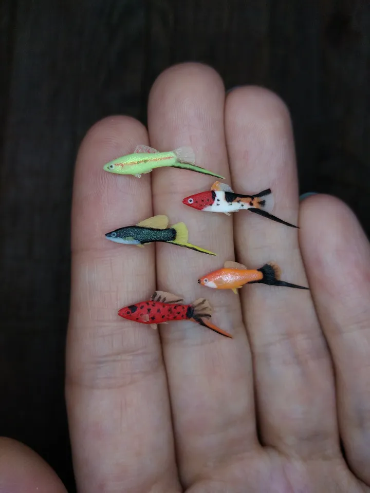Miniature clay Swordtail fish 5 pcs, tiny fish for diorama, dollhouse or resin art