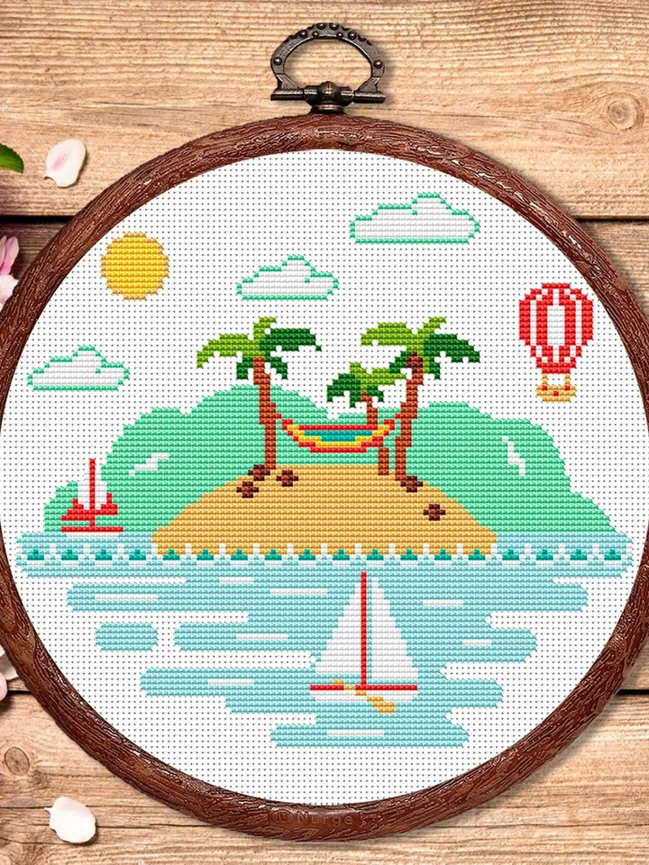 Tropical Island Cross Stitch Pattern, Island Cross Stitch, Embroidery Travel, Travel Cross Stitch Pattern, Modern Cross Stitch #trl011
