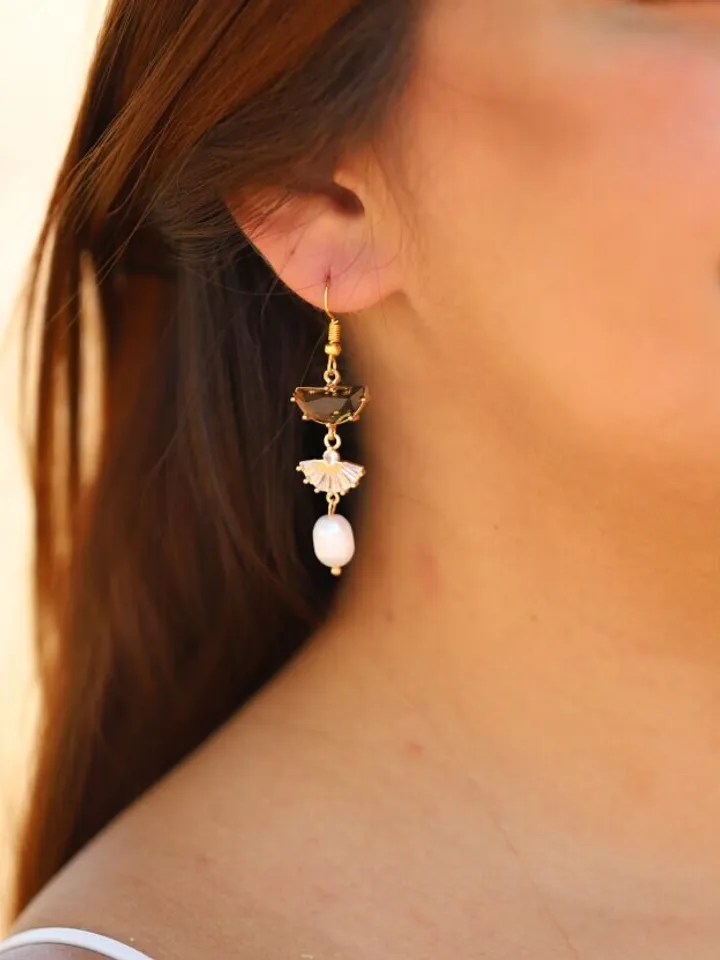 Art deco Wedding Earrings For Bride, Freshwater Pearl Boho Bridal Earrings, Vintage Style, Statement Earrings, Fan Earrings, Boho Jewelry