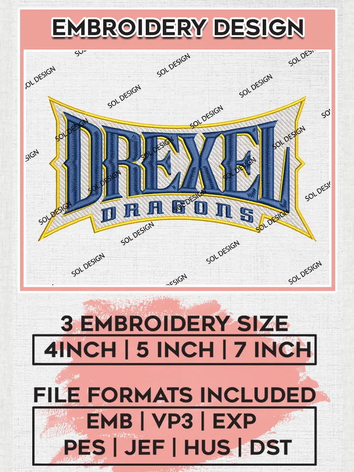 NCAA Drexel Dragons Team Word Logo Embroidery Design Files, NCAA Drexel Dragons Machine Embroidery, NCAA Teams, Game Day, 3 sizes, NCAA Machine embroidery designs, Digital Download