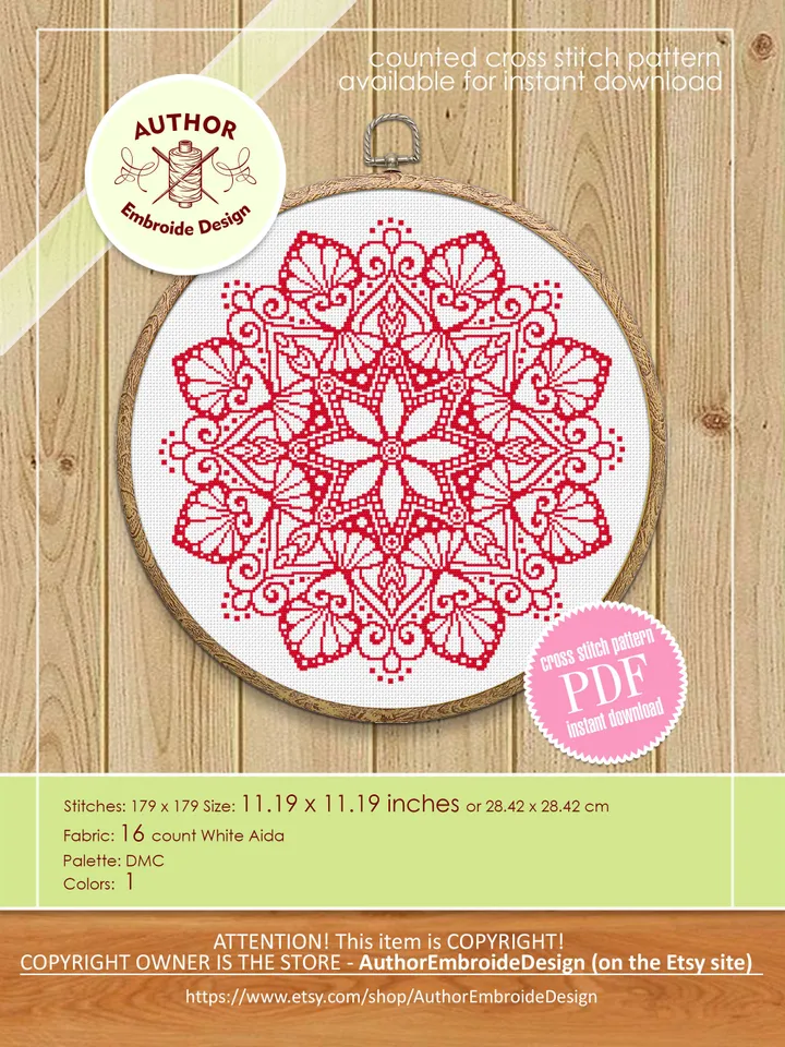 Flower mandala cross stitch pattern PDF download Monochrome cross stitch chart, Simple mandala pattern digital PDF, Mandala ornament #M261