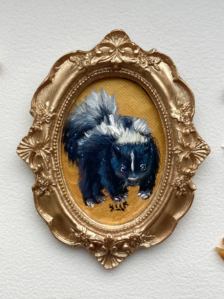 Skunk Oil Painting Original In Vintage Style Frame Small Framed Animals Wildlife Art