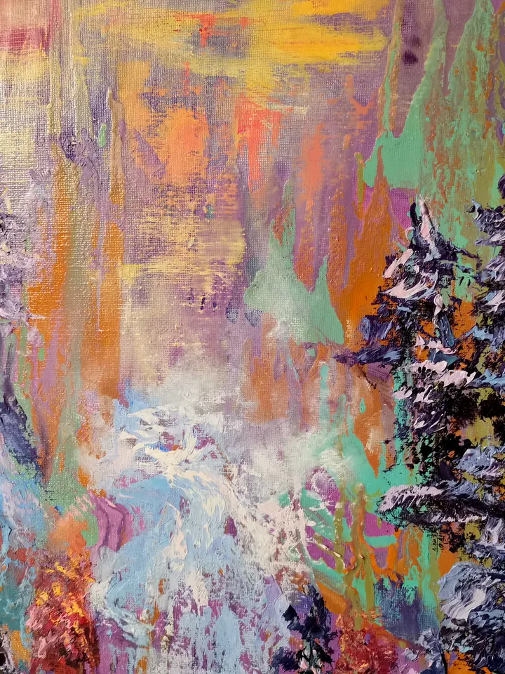 Waterfall Forest Abstract Sunset Impasto Art Large Original Oil Painting Canvas Artist Svinar Oksana