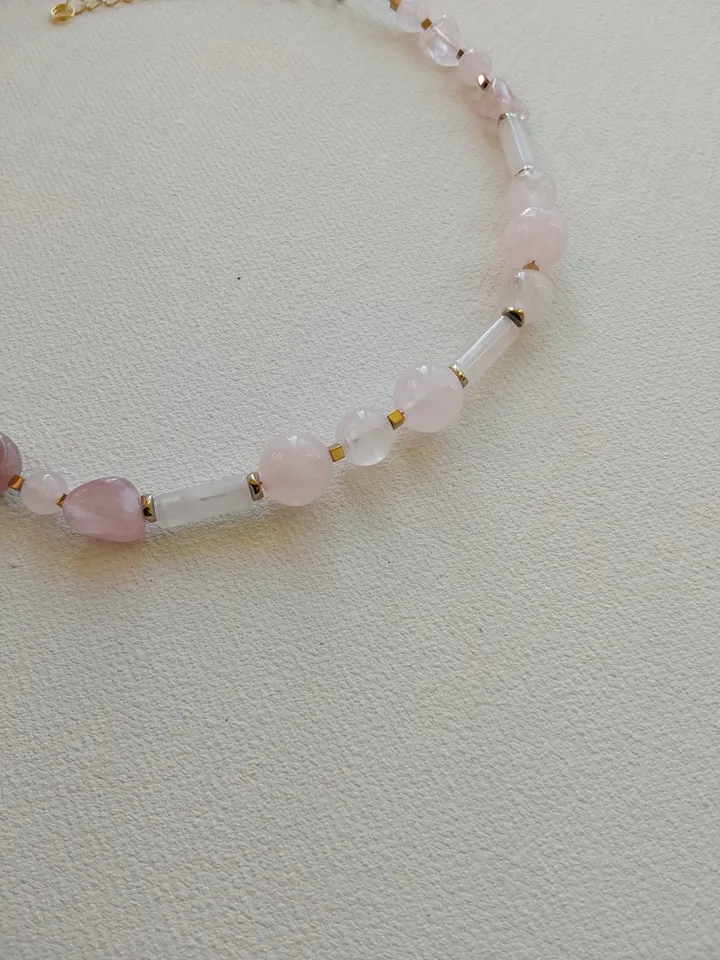 Choker, necklace, beads made of natural stones. Rose quartz and hematite. 45-50 cm. Delicate, airy decoration for the neck