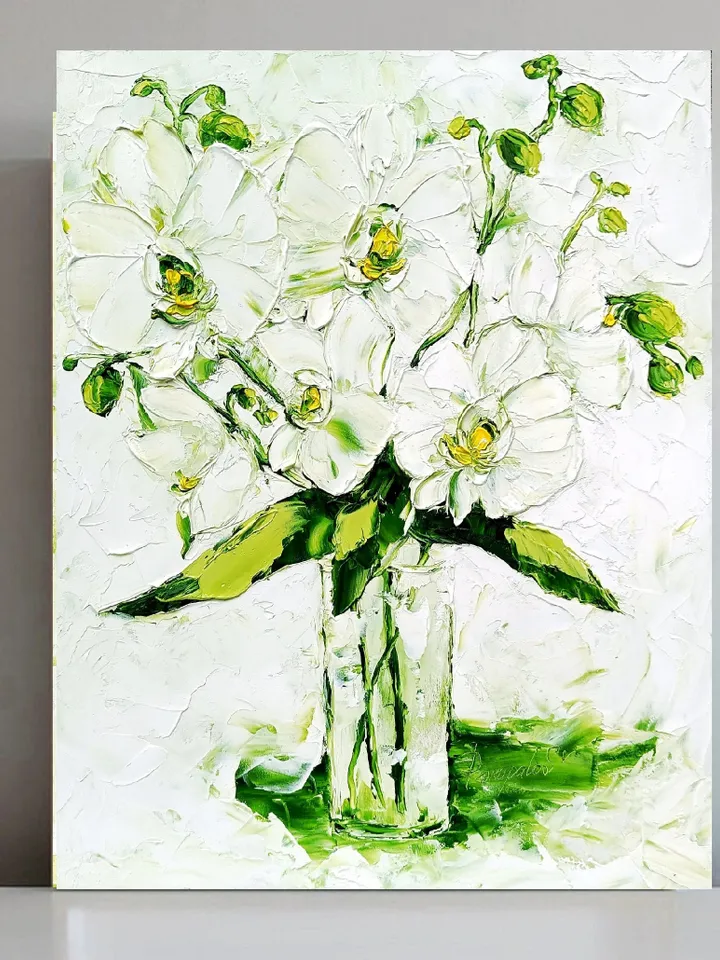 White Orchid Painting Floral Original Art Flowers Impasto Wall Art Orchids Artwork 14" by 11" by ArtProkopaloSv