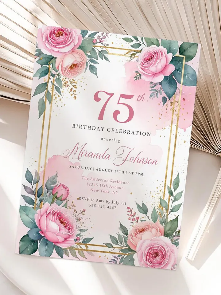 75th Birthday Invitation for Women – Pastel Dusty Pink Floral & Gold, Elegant Printable Party Invite for Women or Mom, Canva Template
