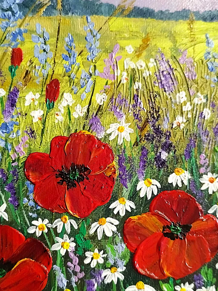 Wildflowers Textured Landscape Painting | Wall Art Decor