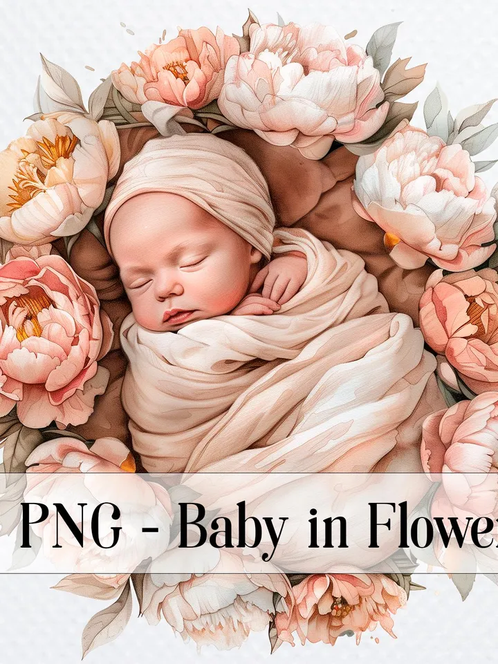 12 Baby in Flowers PNG Bundle, Baby Shower Printable Watercolor clipart for sublimation, High Quality PNG, Digital Paper craft, junk journal