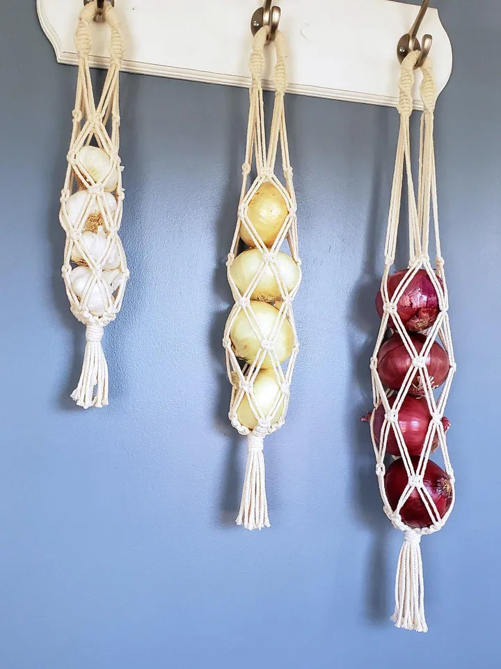 Macrame Produce Bag SET of 3 Sizes Large Medium Small Hang Fruits & Vegetables in a Breathable Boho Style Net for Kitchen Food Storage Gift