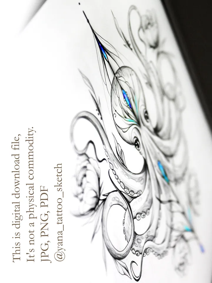 Octopus Tattoo Design Octopus Tattoo Idea Drawing Sketch, Instant download JPG, PDF, PNG
