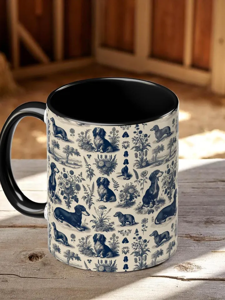 Dachshund Toile de Jouy Mug, Floral Etching Pattern, French Dog Art Cup, Classical Gift Idea, Kitchen Decor, Gift For Pet Owners, Home Decor