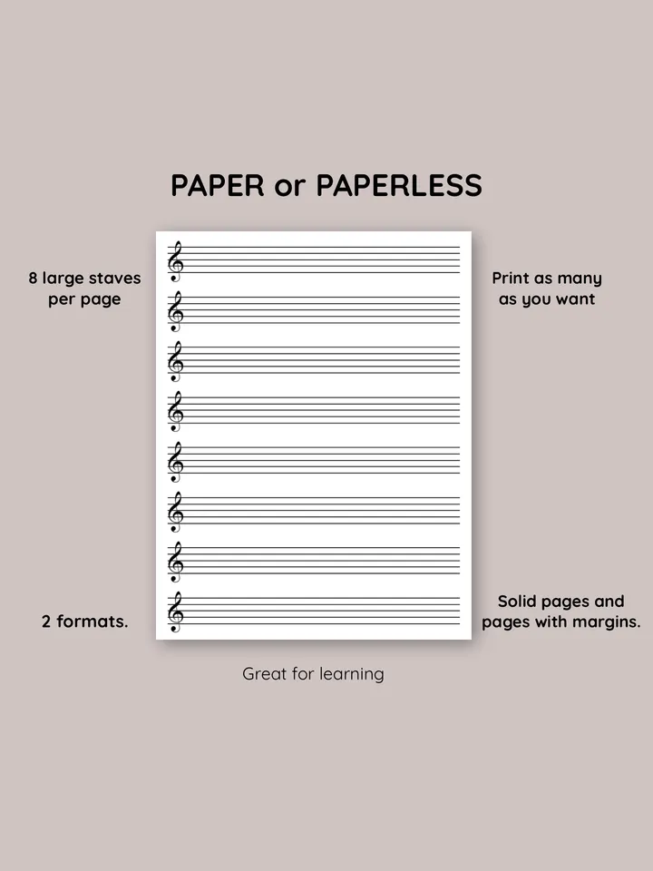 Kids printable sheet music. Sheet music with treble clef. Piano staff paper. Blank music paper. Learn piano.