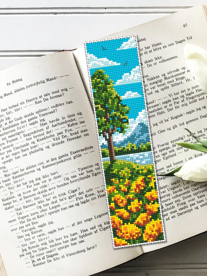 Nature bookmark cross stitch pattern download PDF Modern handmade bookmark digital PDF, Nature landscape cross stitch, Yellow flowers #B120
