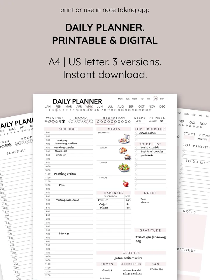 Daily Planner Template with Half-Hour Schedule, Menu, Expenses, To-Do, Outfit, Weather, Mood, Fitness, and Hydration. Trackers for Housewives, Working Moms, and Students. Daily agenda.