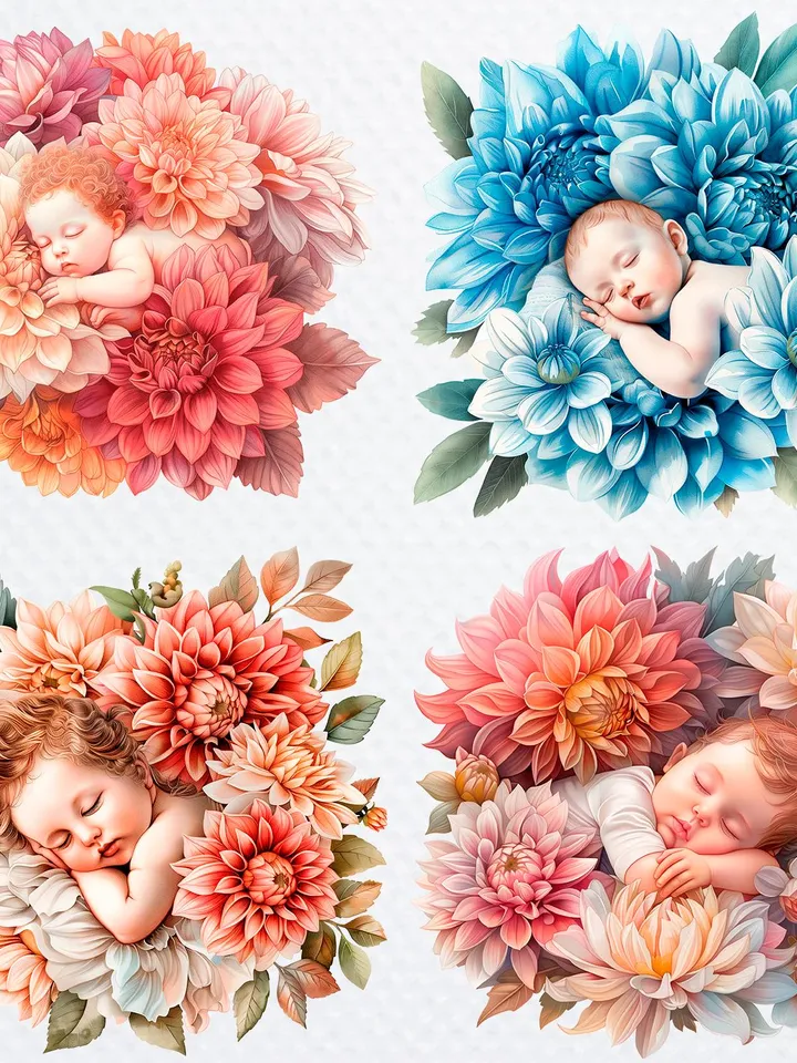 12 Baby in Flowers PNG Bundle, Baby Shower Printable Watercolor clipart for sublimation, High Quality PNG, Digital Paper craft, junk journal