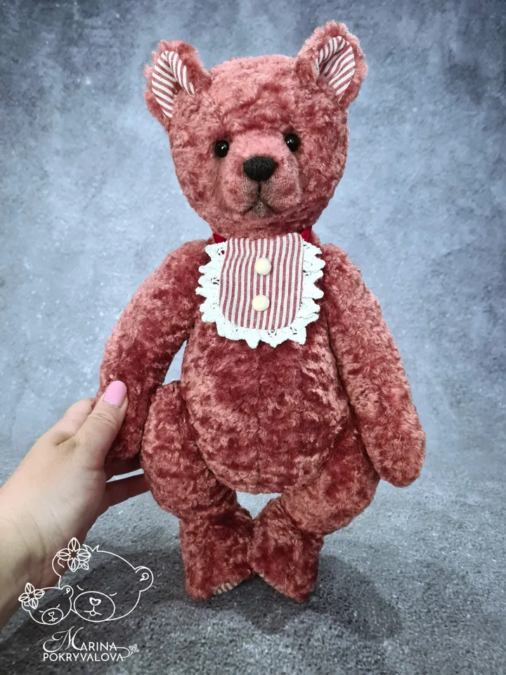 Handmade teddy bear. 34 cm plush bear toy. Dark pink teddy bear birthday gift.