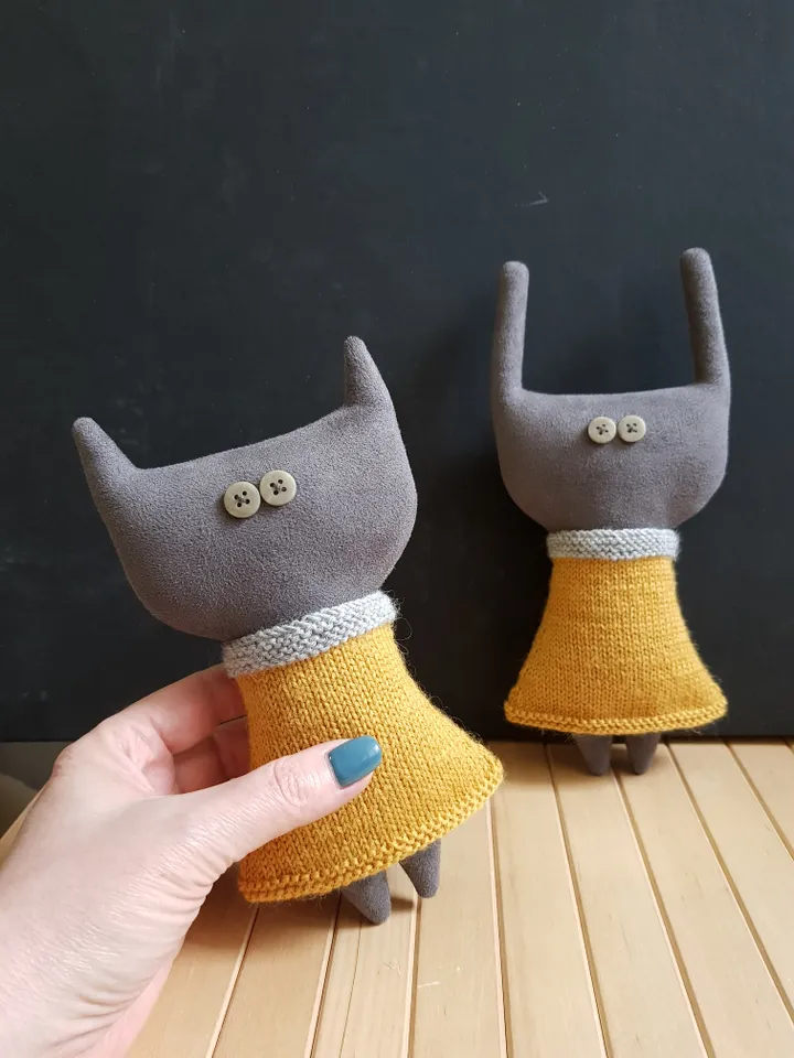 Stuffed animals sewing and knitting patterns PDF, Cat and Rabbit in Dresses, set of 2 tutorials in English, rag doll diy
