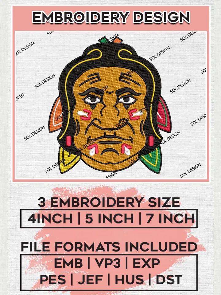 NHL Chicago Blackhawks Head Mascot Logo Embroidery Files, Chicago Blackhawks Logo Embroidery Designs, NHL Teams, 3 sizes, NHL embroidery designs, Digital Download